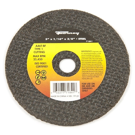 Forney Cut-Off Wheel, Metal, Type 1, 3 in x 1/16 in x 3/8 in 71841